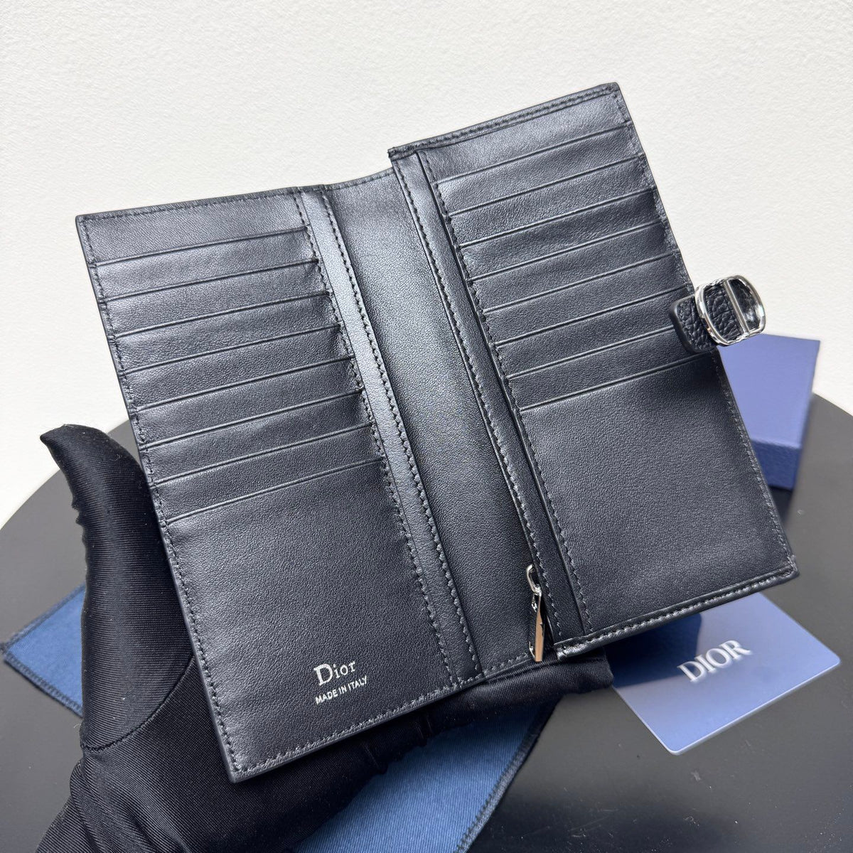 Black Grained Leather Long Bifold Wallet with Silver-Tone Accent