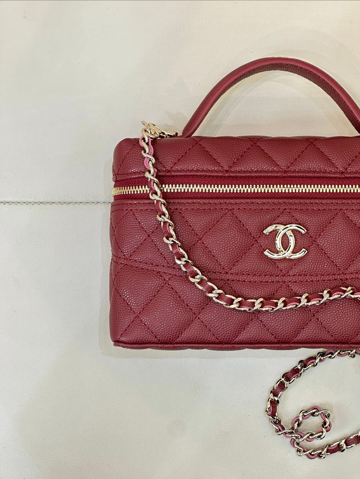 Burgundy Quilted Box Bag with Top Handle and Chain Strap