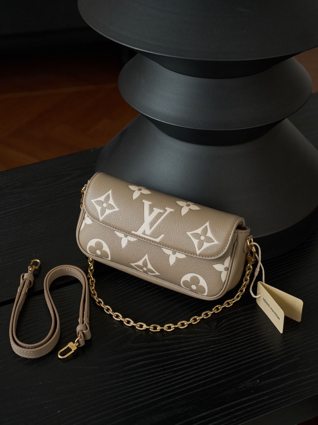 Taupe Monogram Flap Bag with Gold-Tone Chain Detail
