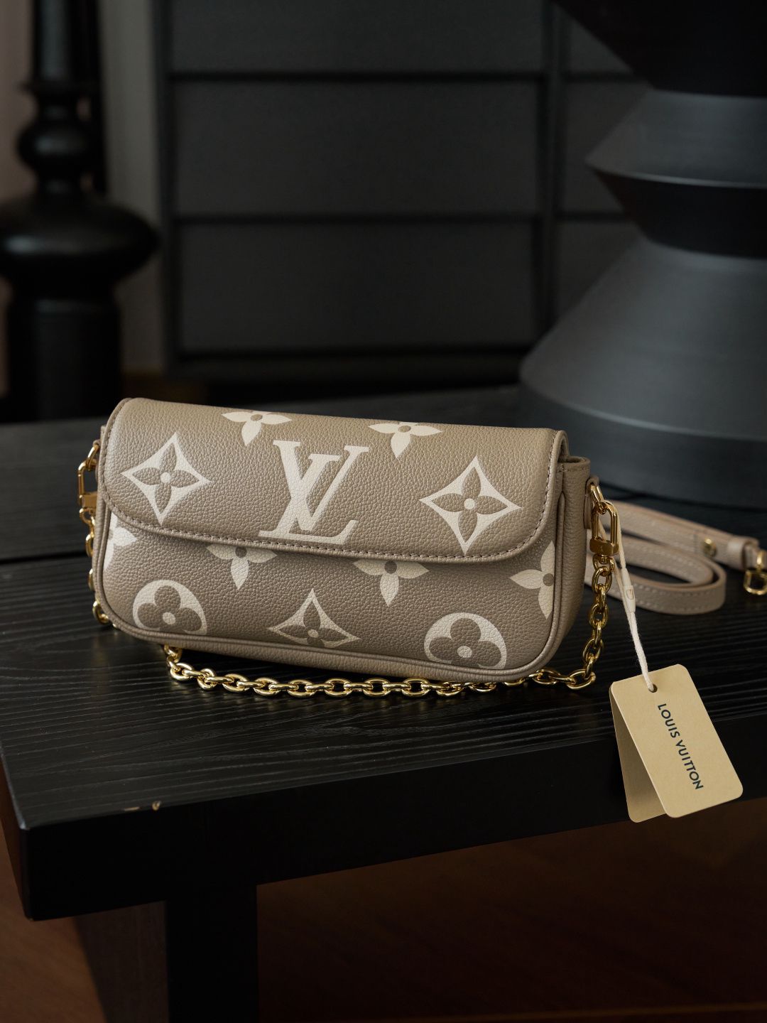 Taupe Monogram Flap Bag with Gold-Tone Chain Detail