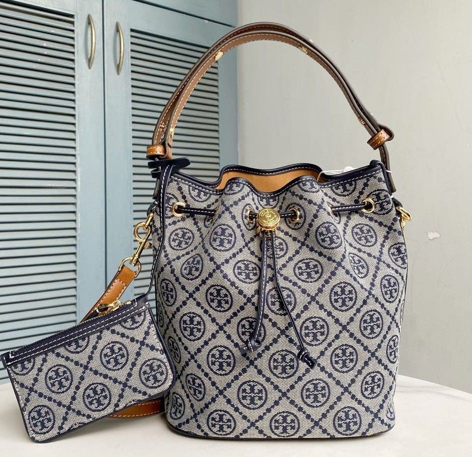 166414 New TORY BURCH T Monogram Drawstring Opening Metal Double T Logo Medium Bucket Bag TB Women's Handheld Single Shoulder Crossbody Bag Size 21-18-11.5