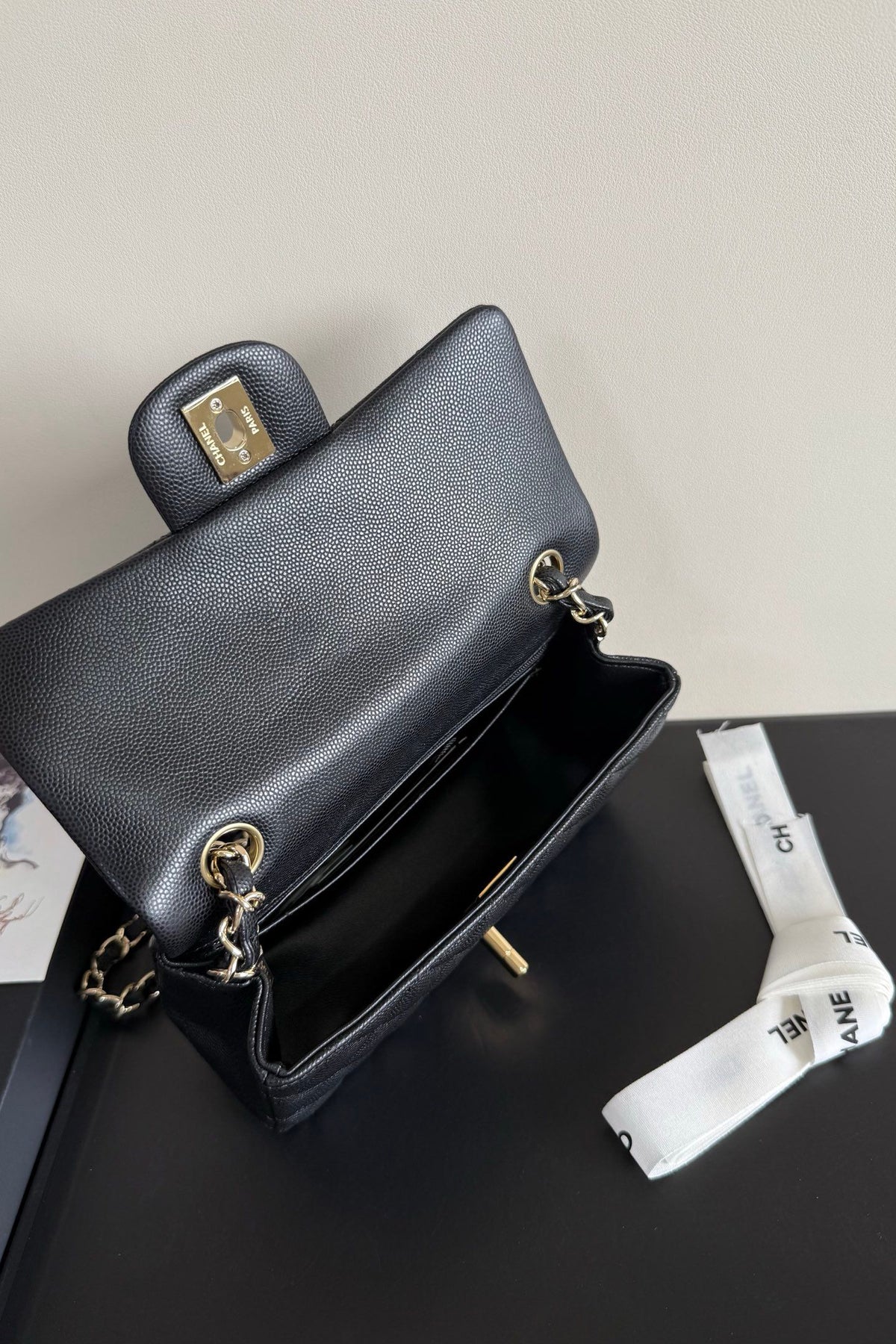 Black Quilted Flap Bag with Chain Strap