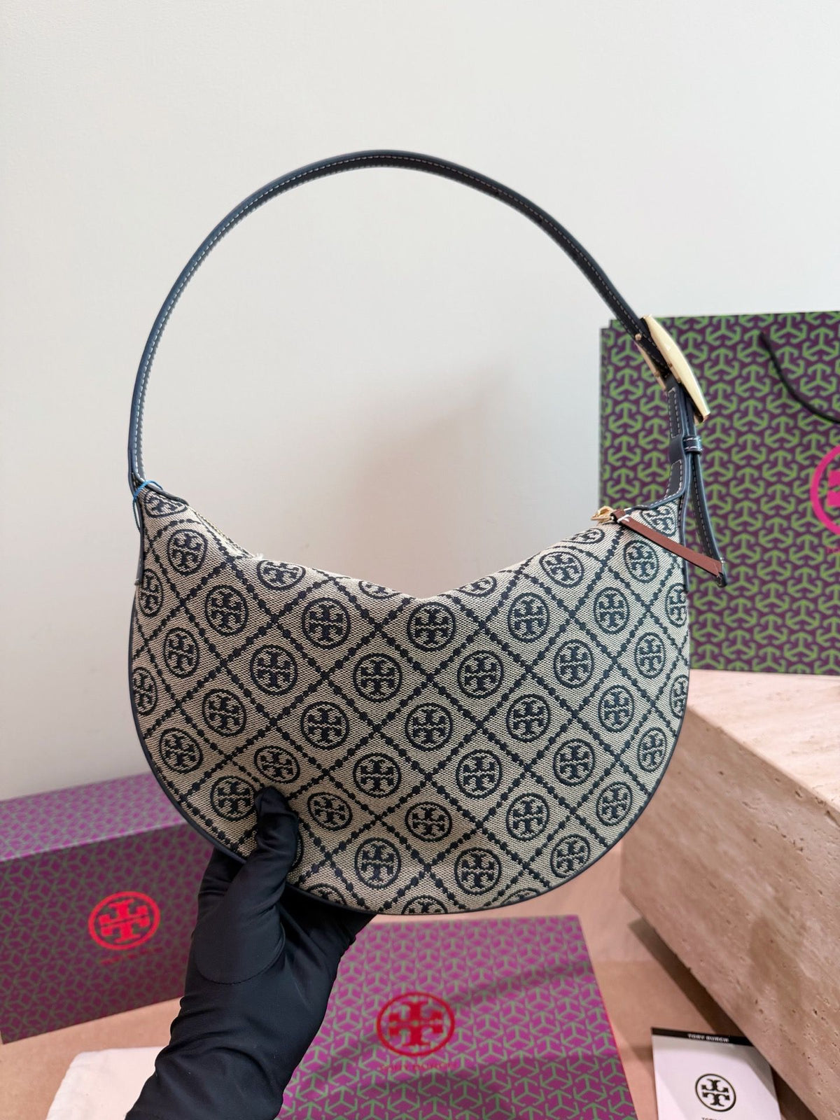 Comes with Tory Burch Half Moon Flower Bag Gift Box