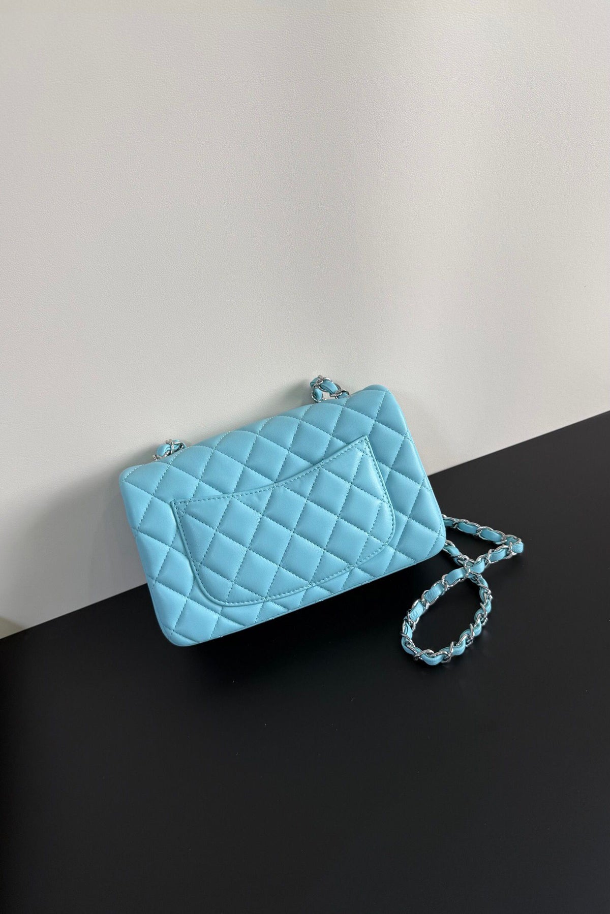Aqua Blue Quilted Flap Bag with Silver-Tone Chain Strap