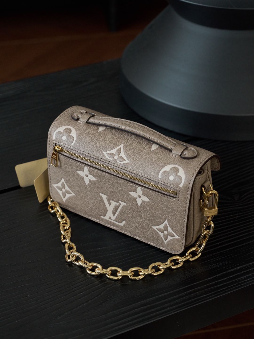 Taupe Monogram Shoulder Bag with Gold-Tone Clasp and Chain
