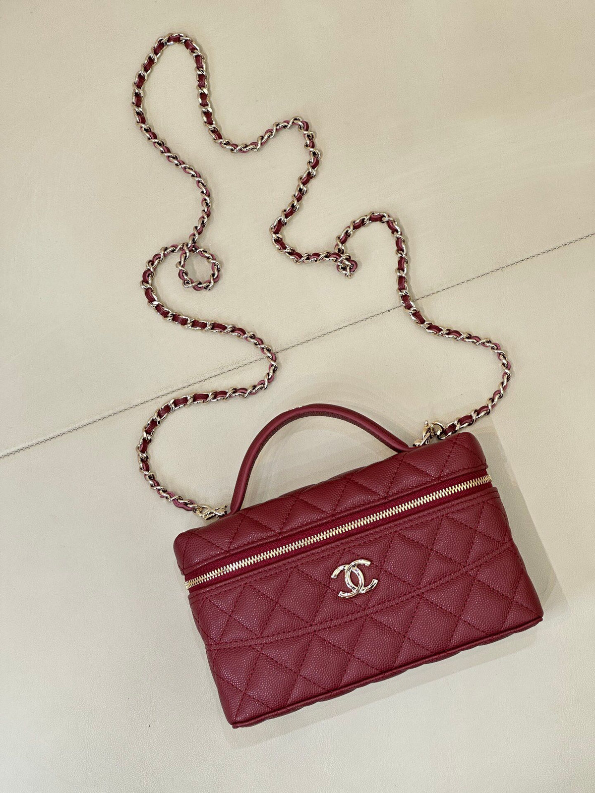 Burgundy Quilted Box Bag with Top Handle and Chain Strap