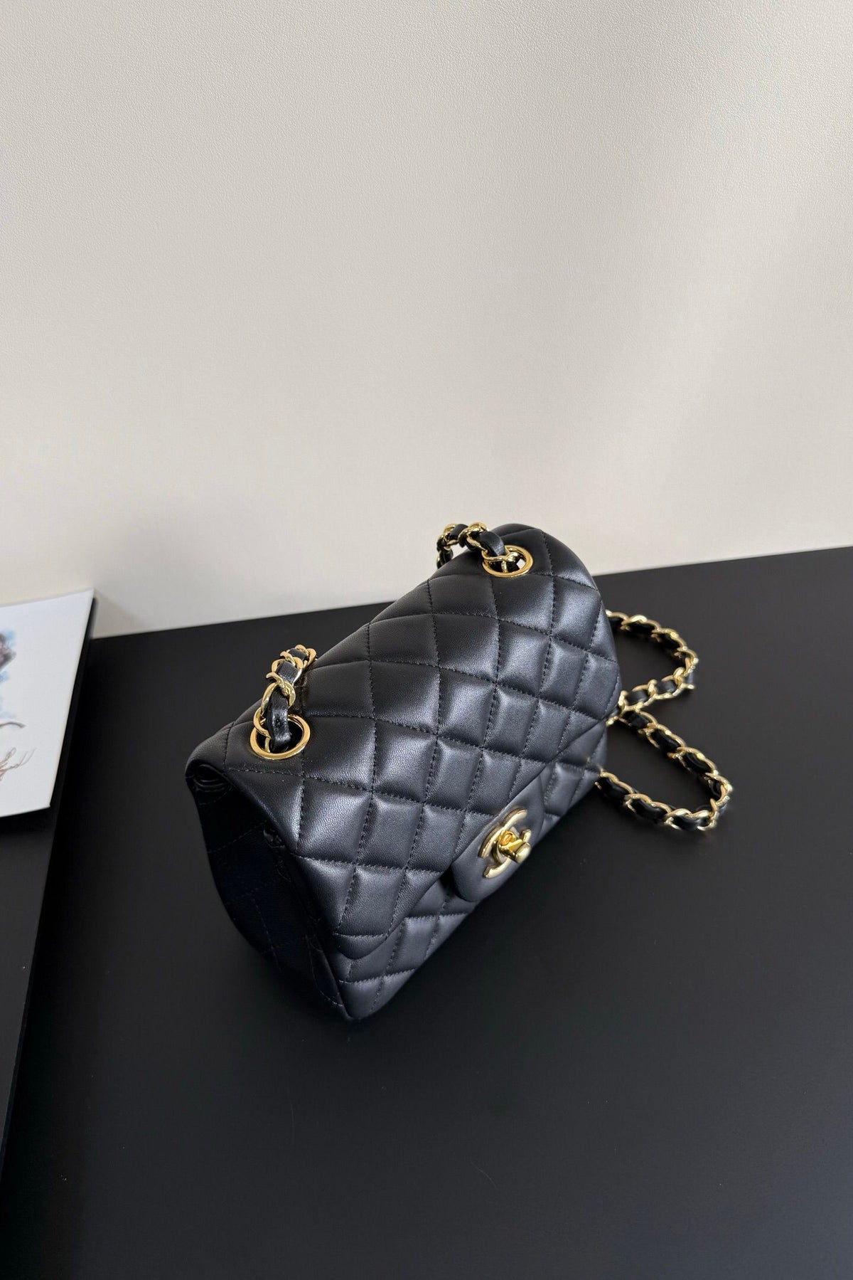 Black Diamond-Quilted Mini Flap Bag with Gold-Tone Chain Strap
