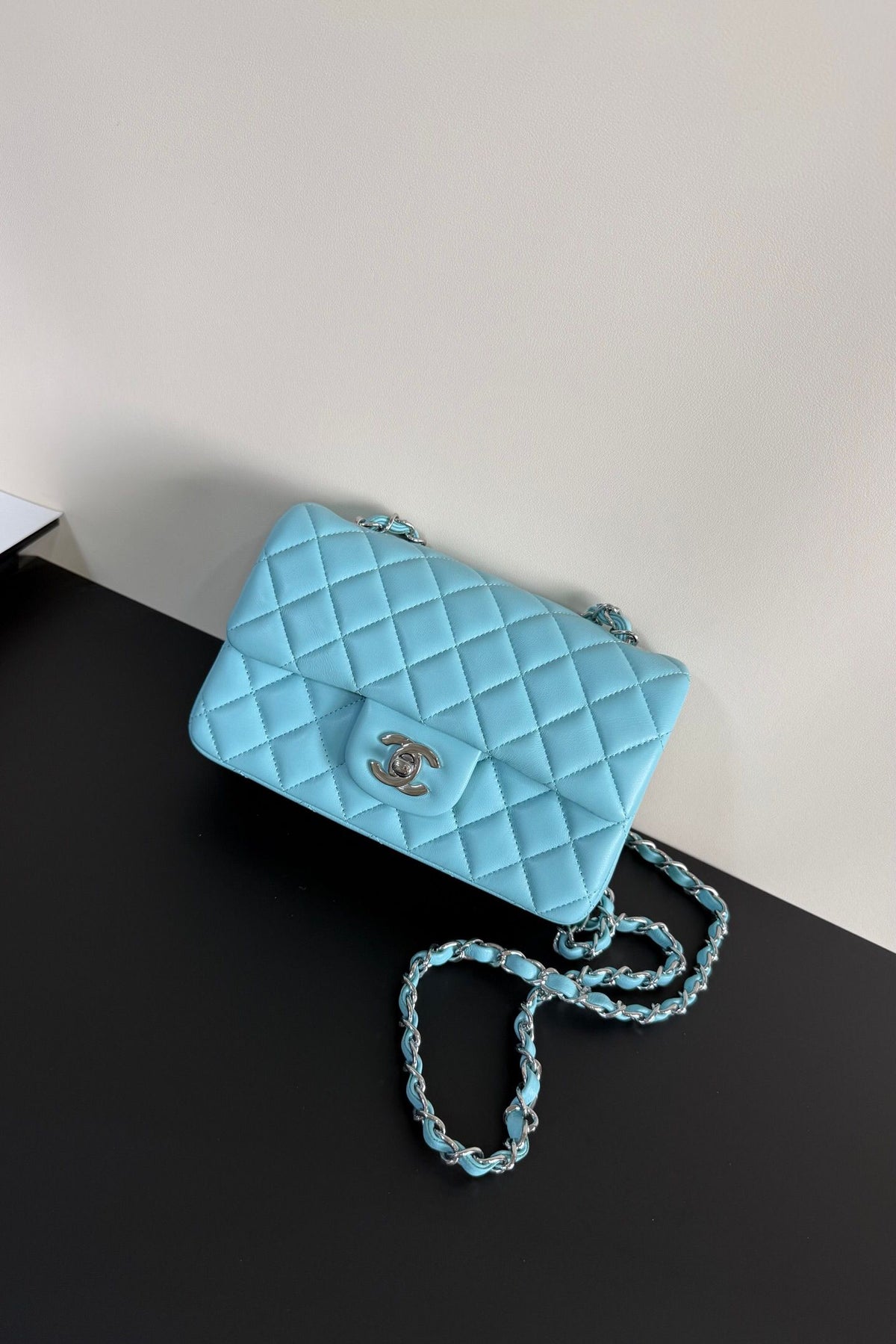 Aqua Blue Quilted Flap Bag with Silver-Tone Chain Strap