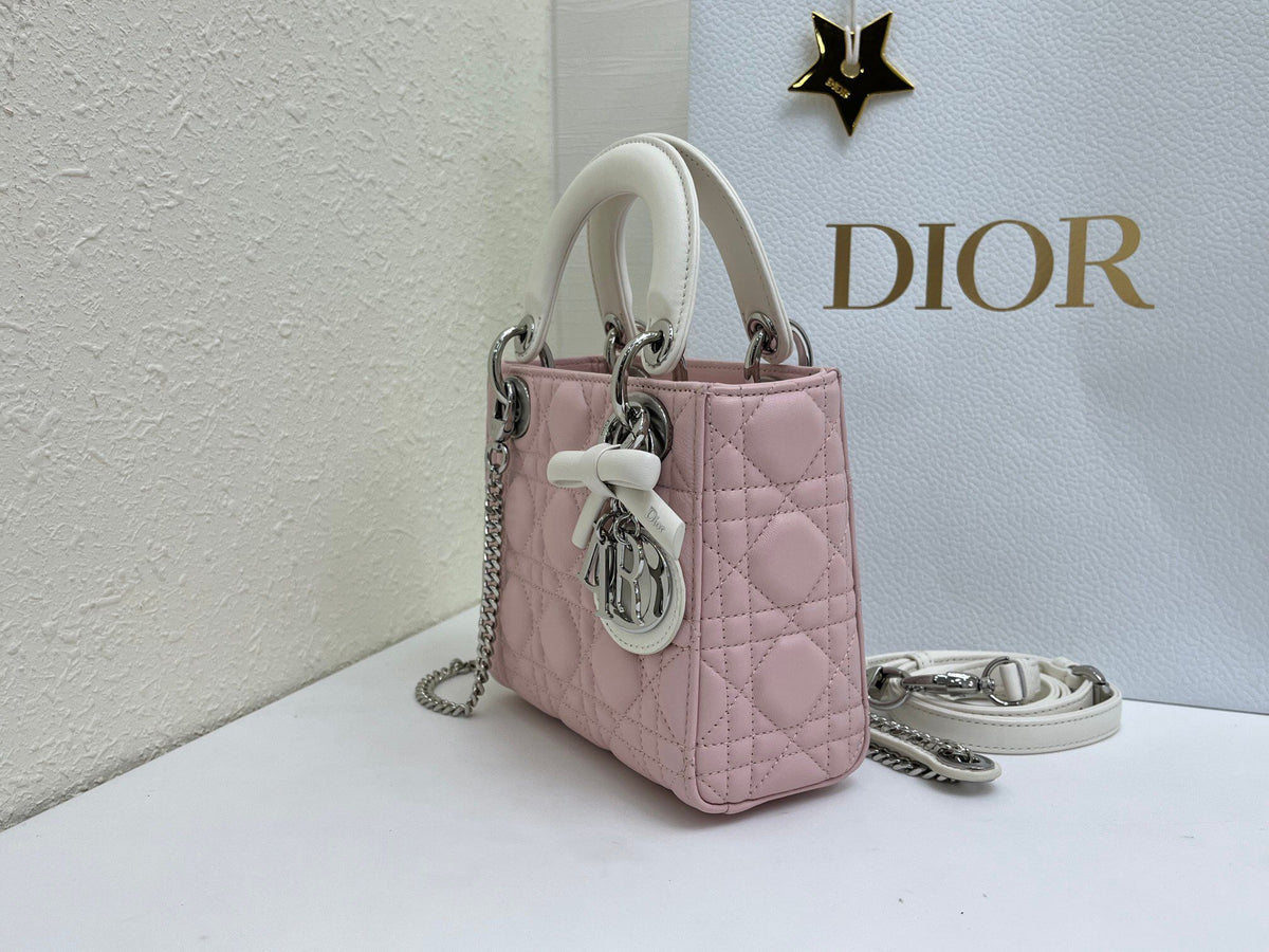 Bow Lady Dior Triple Check The classic Lady Dior bag epitomizes Dior's deep insight into elegance and beauty. Carefully crafted with cannage topstitching to create eye-catching quilting details. Elegant and timeless design. D.I.O.R. charm in silver-finish