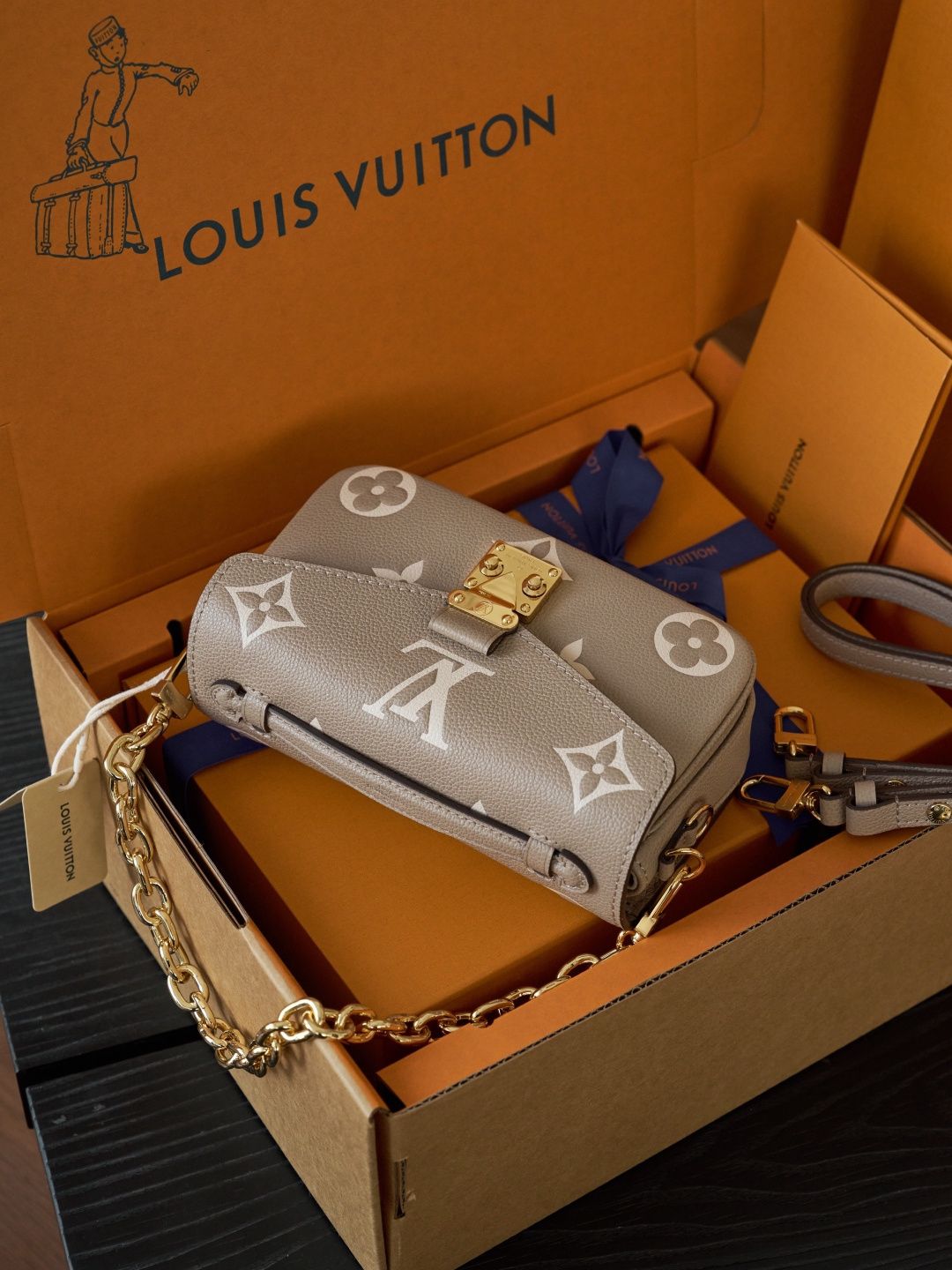 Taupe Monogram Shoulder Bag with Gold-Tone Clasp and Chain