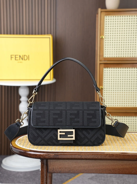 Fendi Baguette Canvas Bag with 3D FF Embroidery & Detachable Shoulder Strap