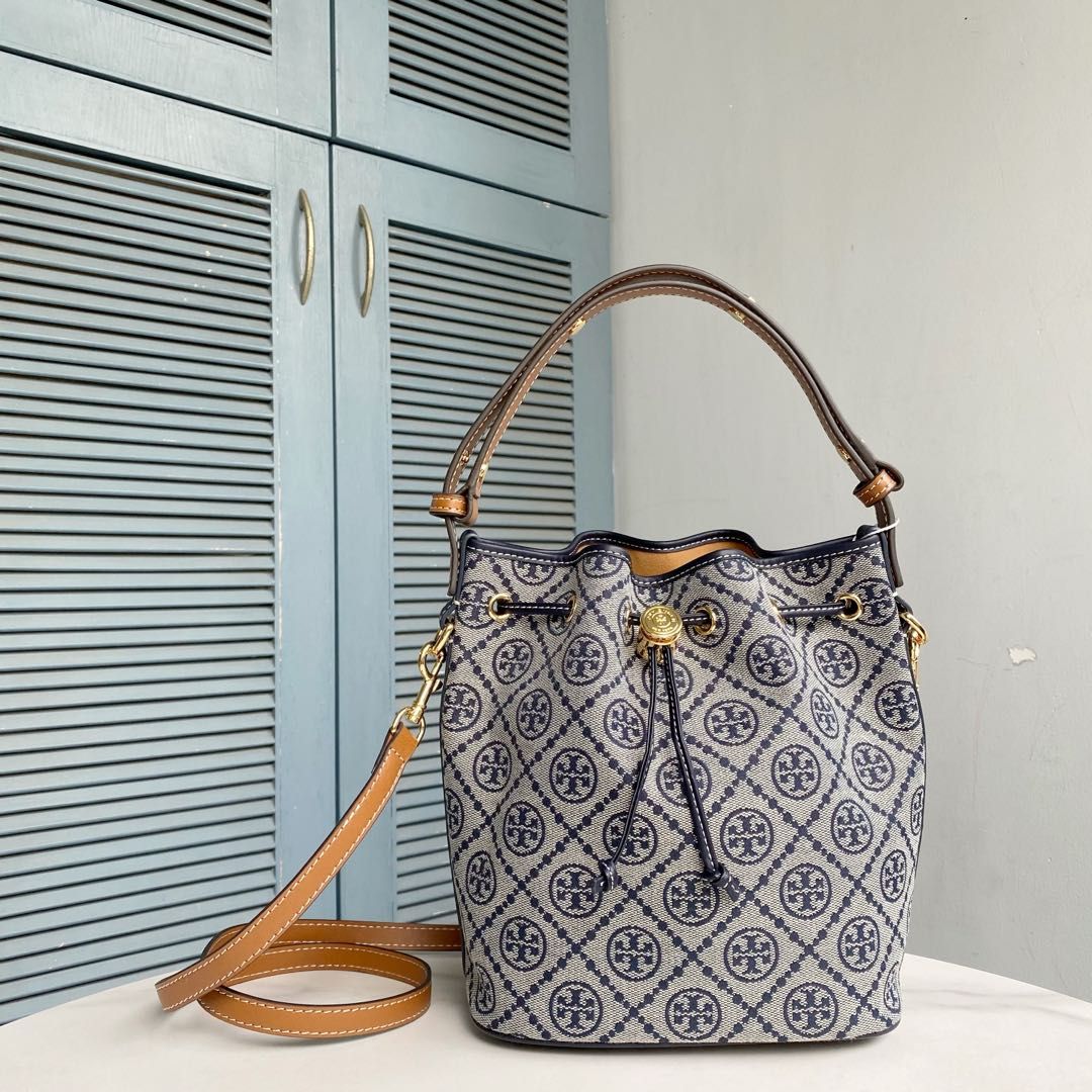 166414 New TORY BURCH T Monogram Drawstring Opening Metal Double T Logo Medium Bucket Bag TB Women's Handheld Single Shoulder Crossbody Bag Size 21-18-11.5
