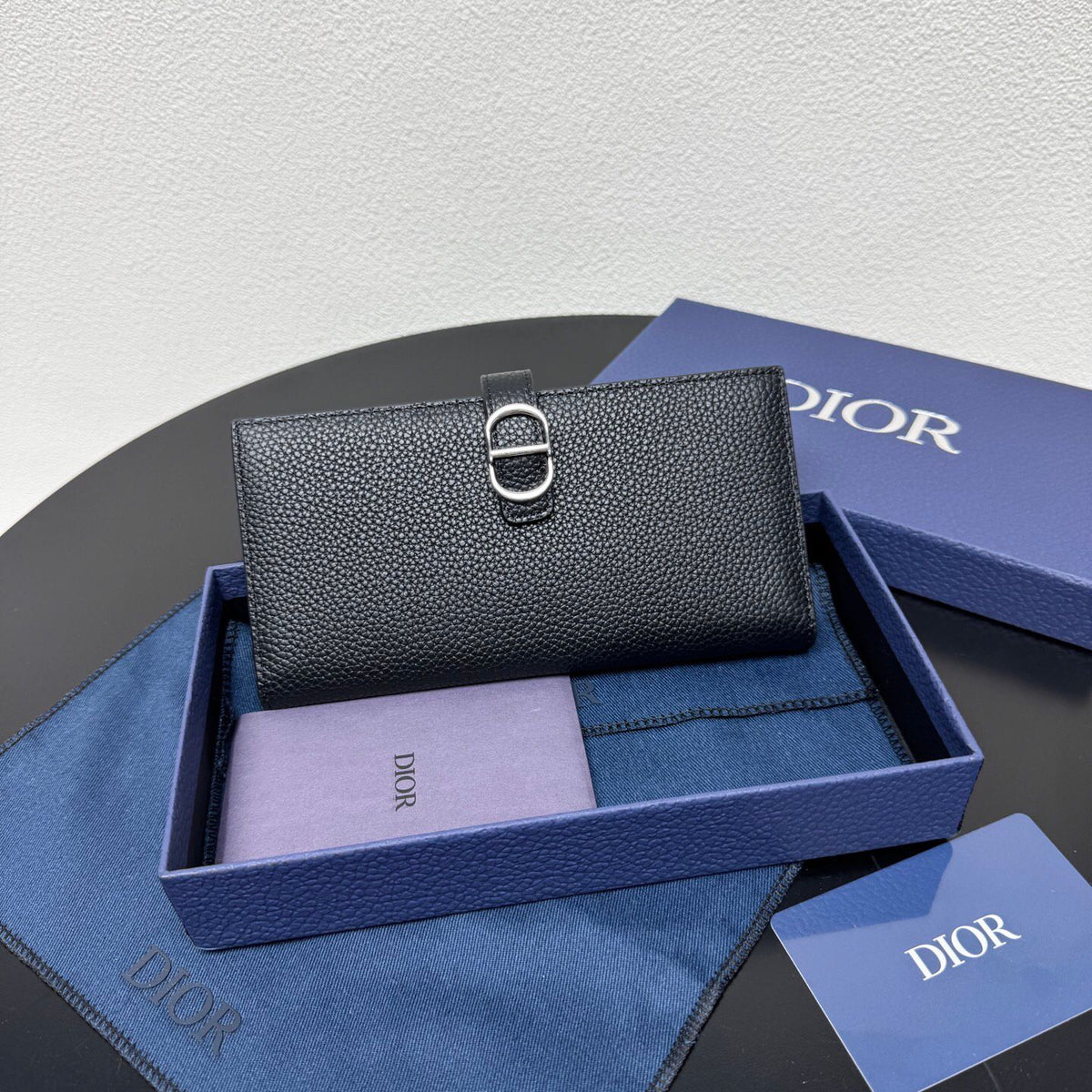 Black Grained Leather Long Bifold Wallet with Silver-Tone Accent