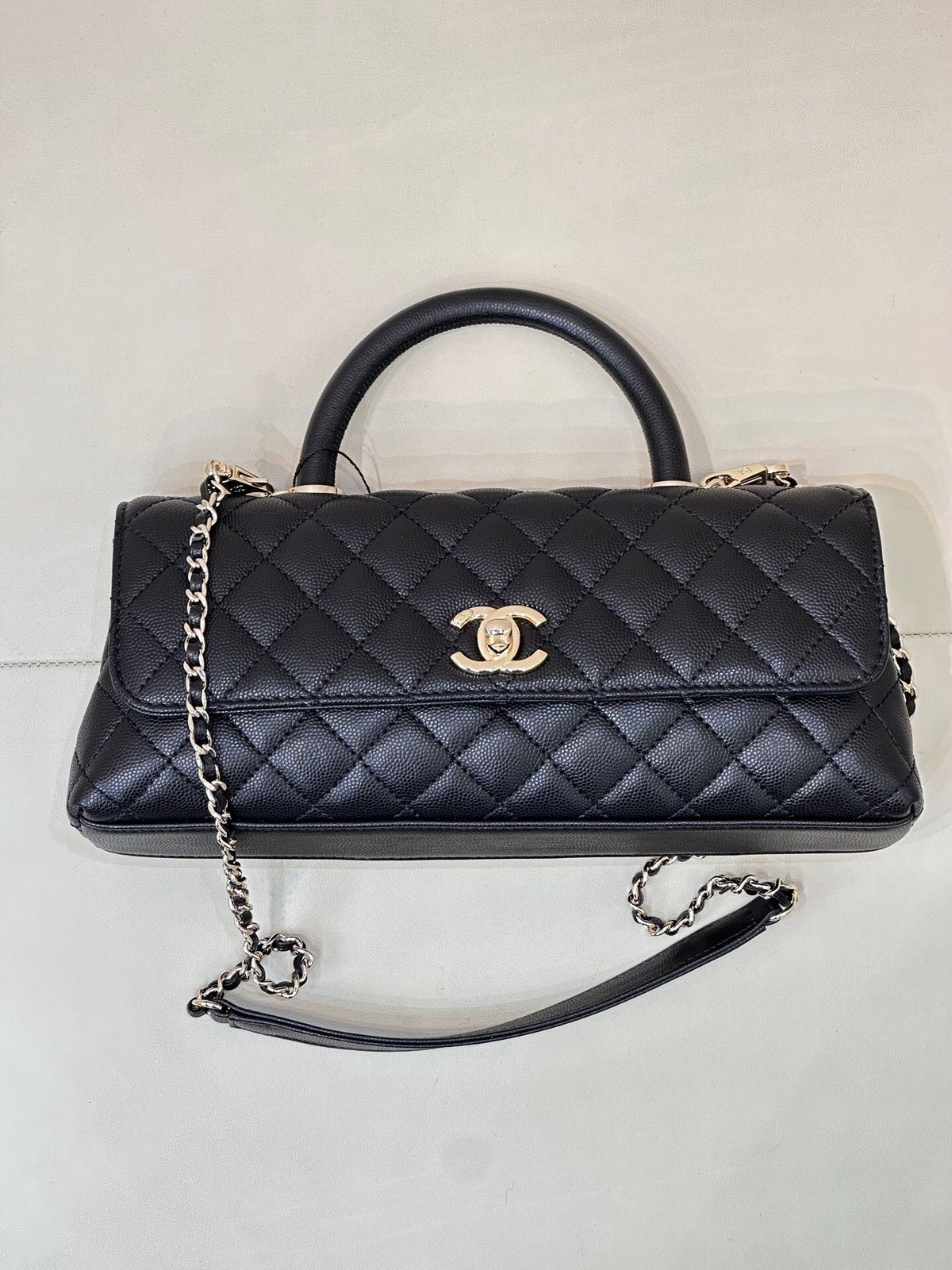 Black Quilted Top Handle Bag with Chain Strap