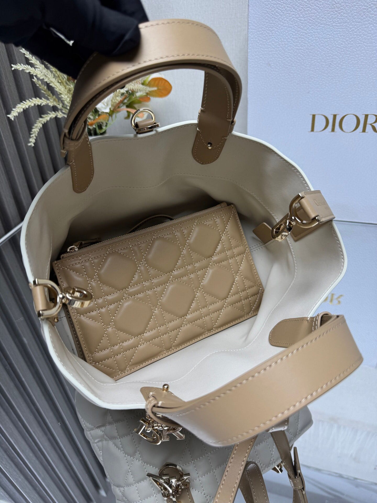 TOUJOURS handbag [new color chalk white with camel rice small size]