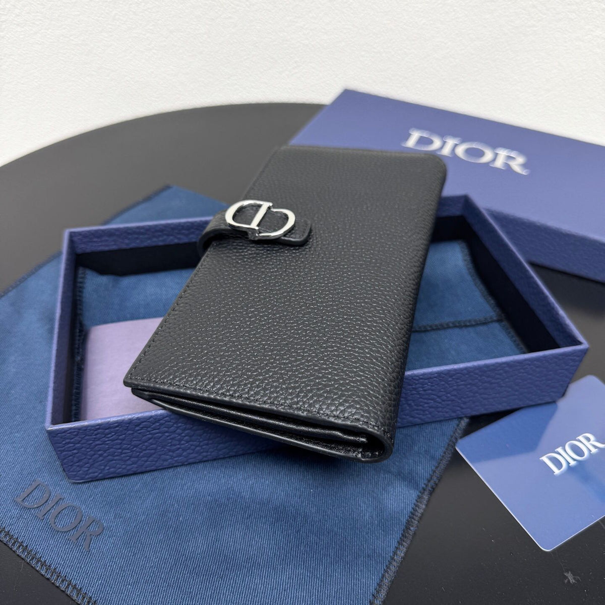 Black Grained Leather Long Bifold Wallet with Silver-Tone Accent