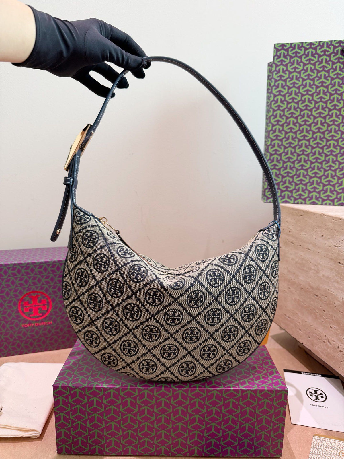 Comes with Tory Burch Half Moon Flower Bag Gift Box