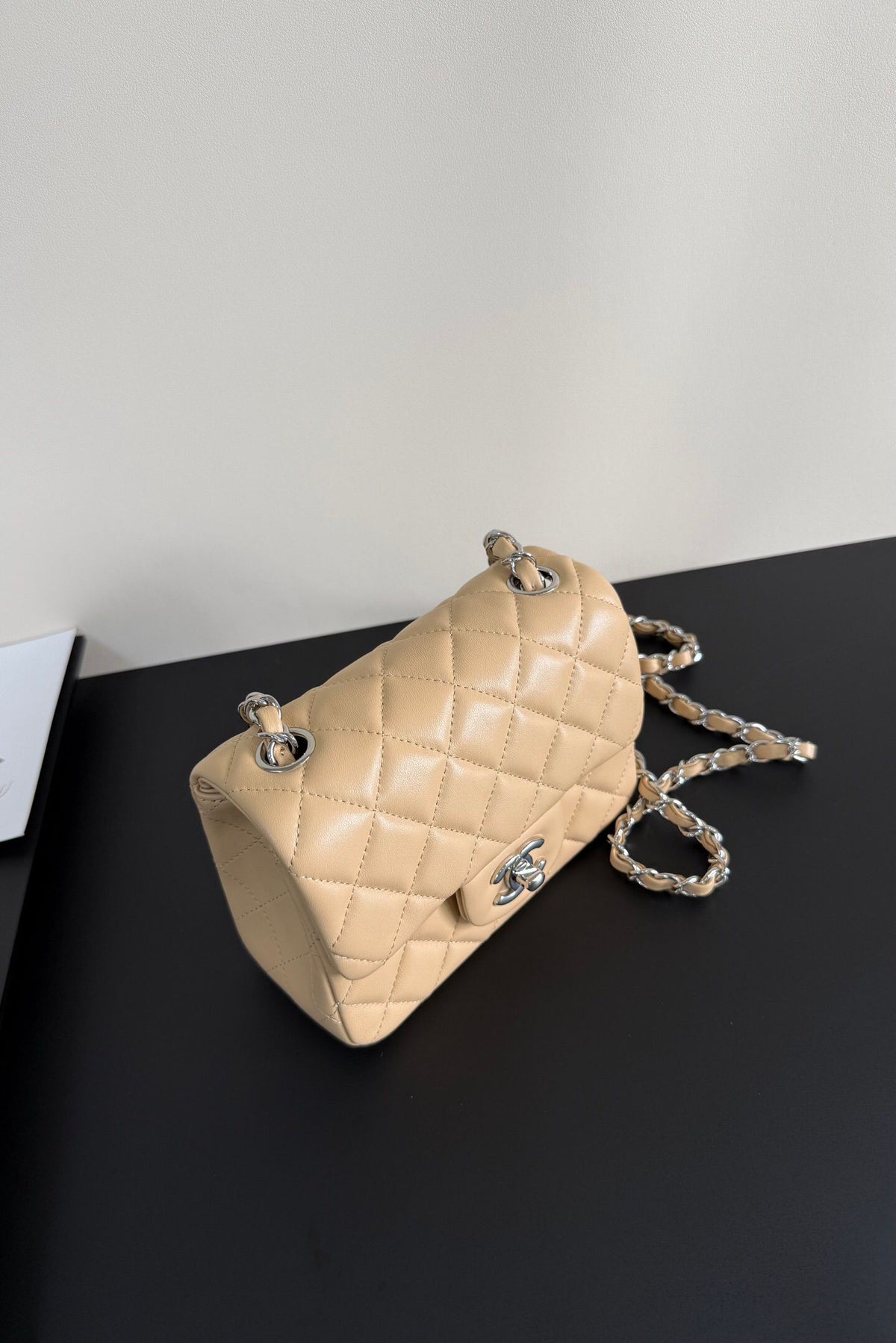 Soft Apricot Quilted Mini Flap Bag with Silver-Tone Chain Strap