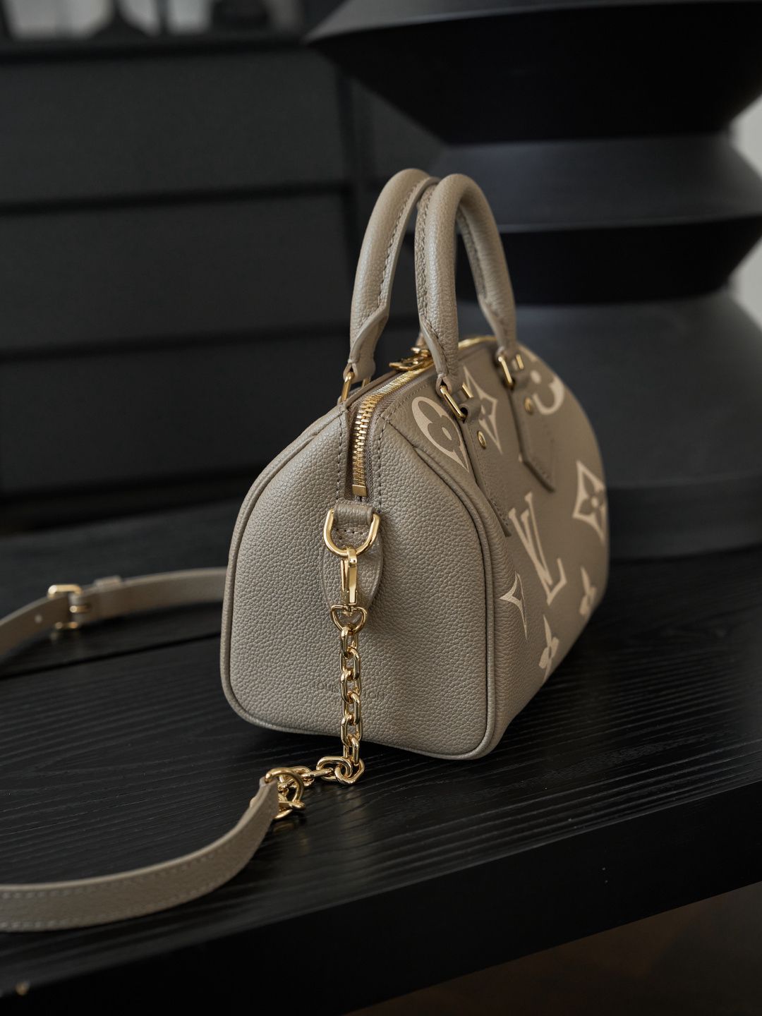 Taupe Monogram Top-Handle Bag with Long Strap