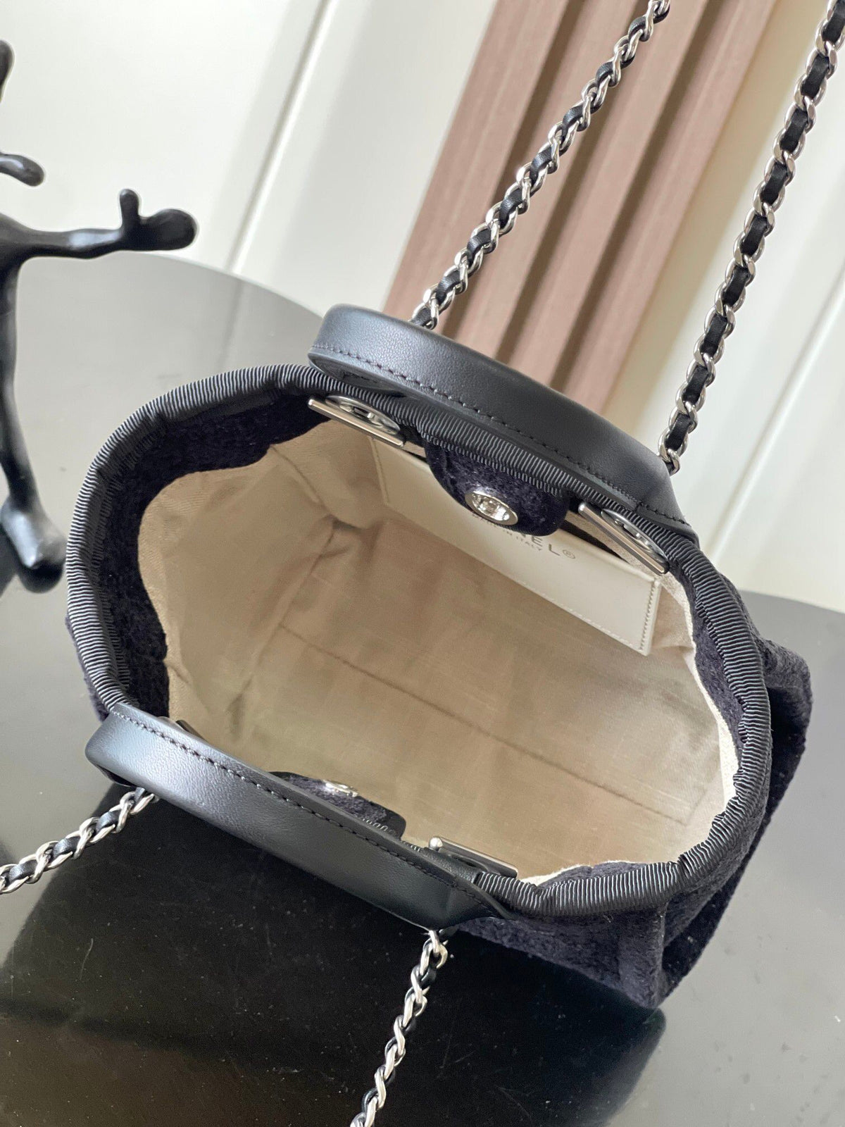 CHANEL26A mini beach bag tweed silver wire + all steel hardware