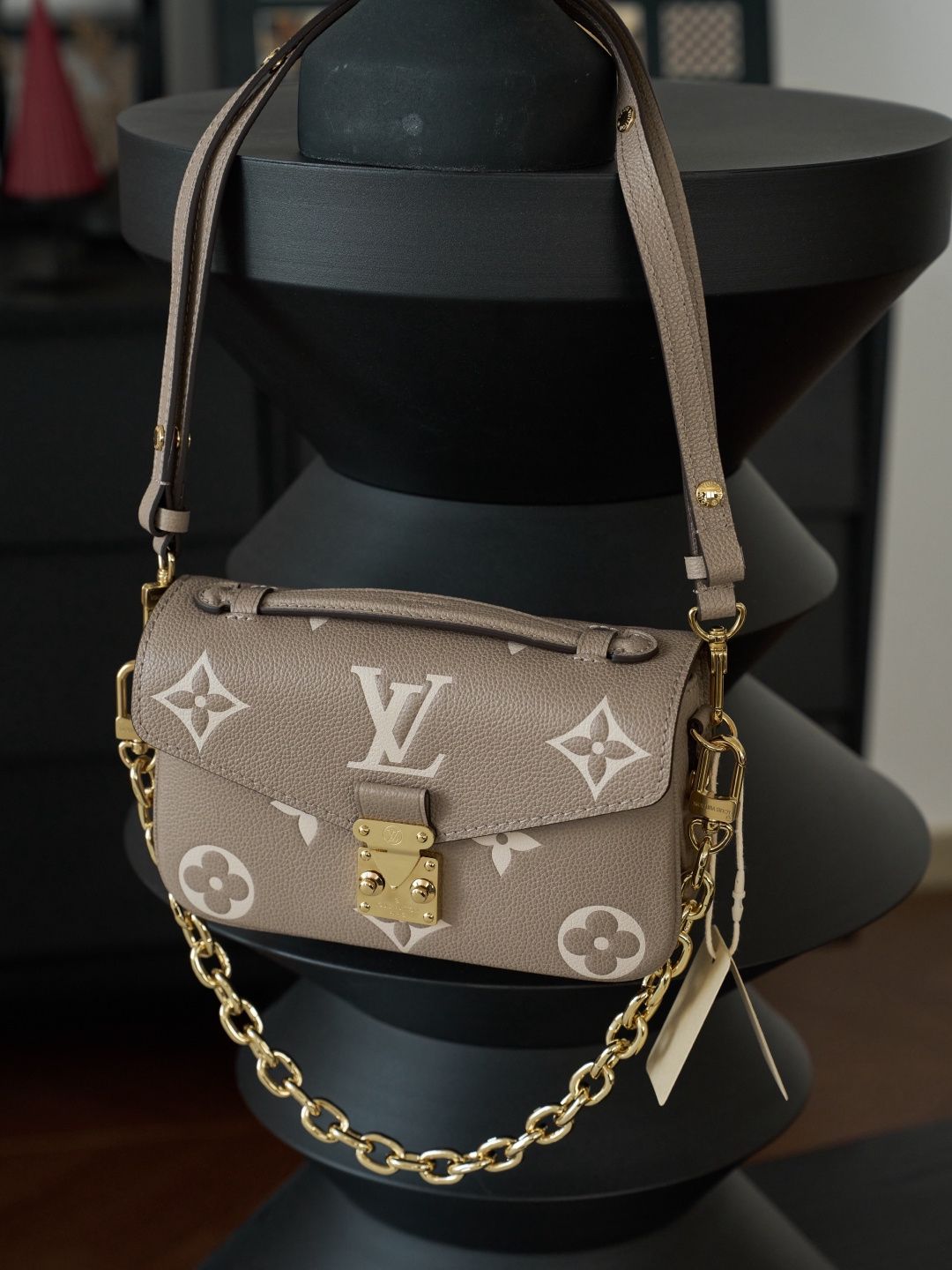 Taupe Monogram Shoulder Bag with Gold-Tone Clasp and Chain