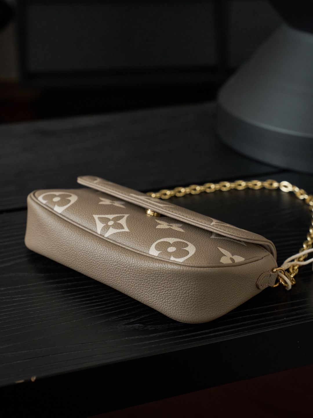 Taupe Monogram Flap Bag with Gold-Tone Chain Detail