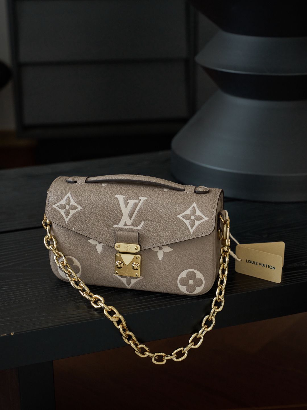 Taupe Monogram Shoulder Bag with Gold-Tone Clasp and Chain