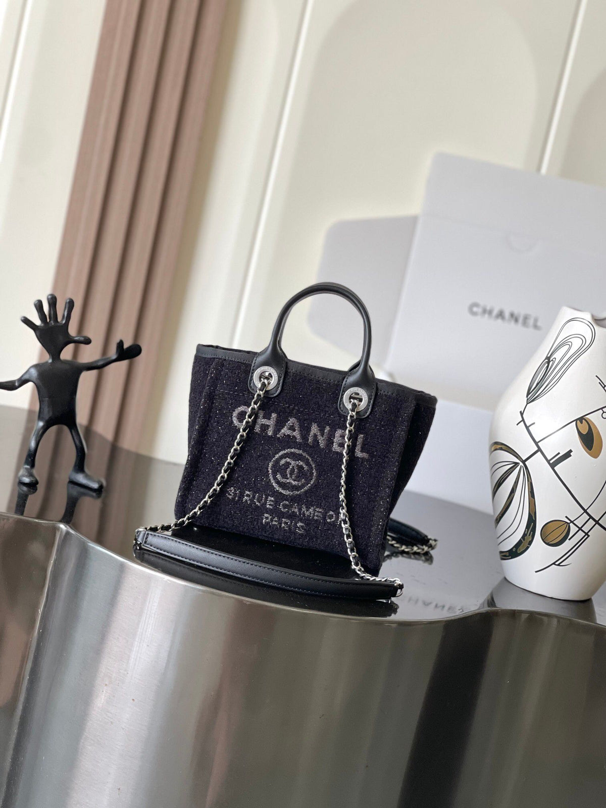 CHANEL26A mini beach bag tweed silver wire + all steel hardware
