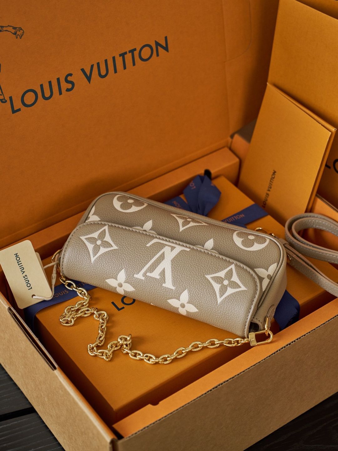 Taupe Monogram Flap Bag with Gold-Tone Chain Detail