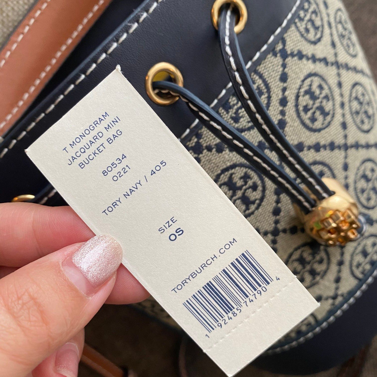Purchasing Quality 1616 Small TORY BURCH Monogram 2021 Summer New Drawstring Bucket Bag Texture Navy Blue Canvas Fabric with Sharp Body Retro Jacquard Decoration for a More Casual and Stylish Overall Style