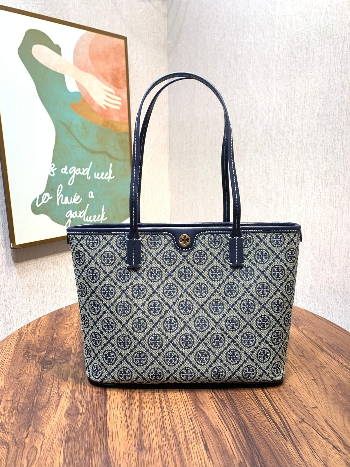 Number 1915 Small TORY BURCH Vintage Shopping Bag Monogram Pattern Charm and Unique Style Tote Bag Crafted from Selected Knitted Jacquard Fabric
