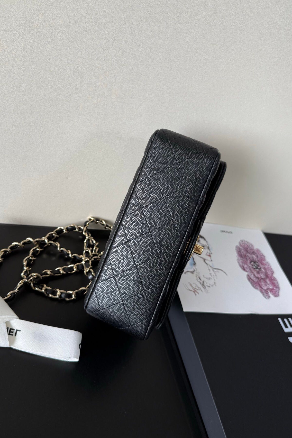 Black Quilted Flap Bag with Chain Strap