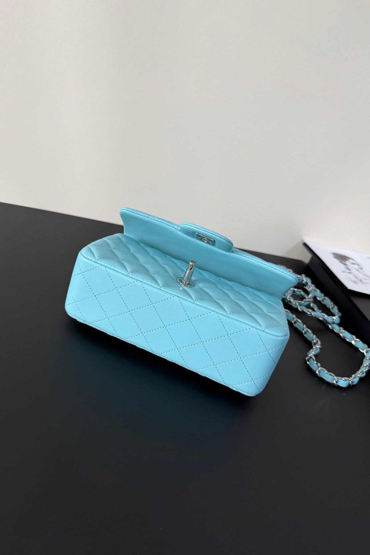 Aqua Blue Quilted Flap Bag with Silver-Tone Chain Strap