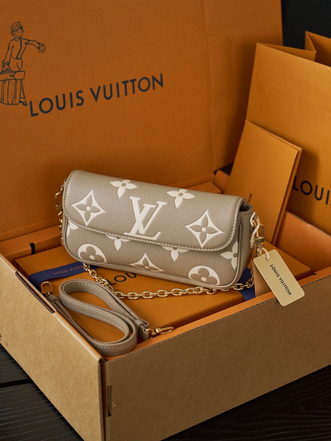 Taupe Monogram Flap Bag with Gold-Tone Chain Detail