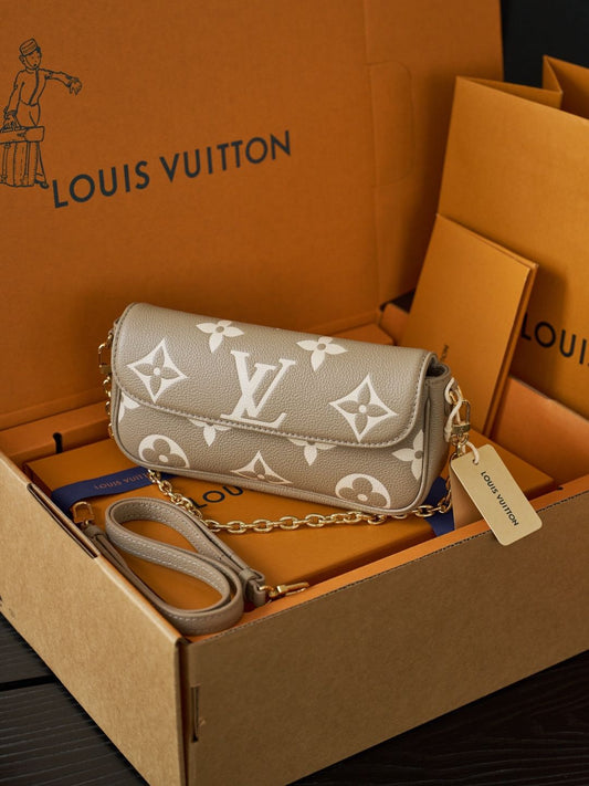 Taupe Monogram Flap Bag with Gold-Tone Chain Detail