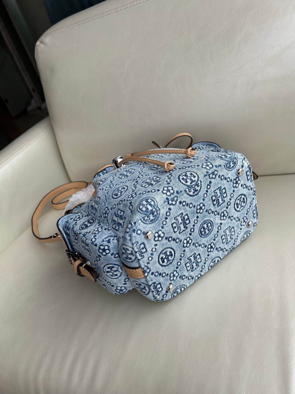 Tory Burch's classic T Monogram collection denim denim material paired with iconic patterns