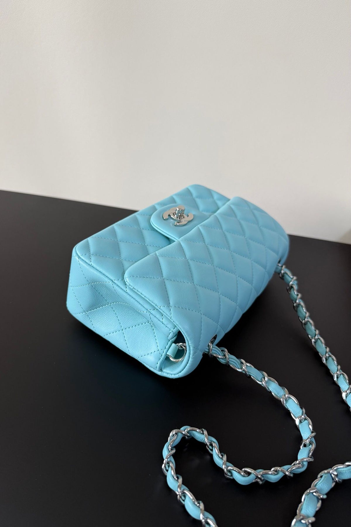 Aqua Blue Quilted Flap Bag with Silver-Tone Chain Strap