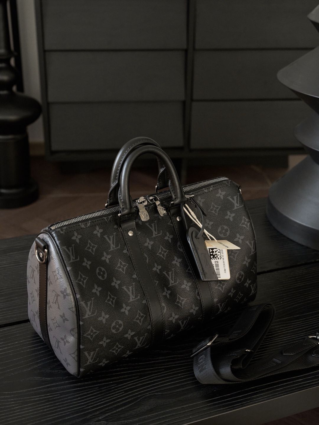 Black Monogram Holdall Bag with Twin Handles and Shoulder Strap