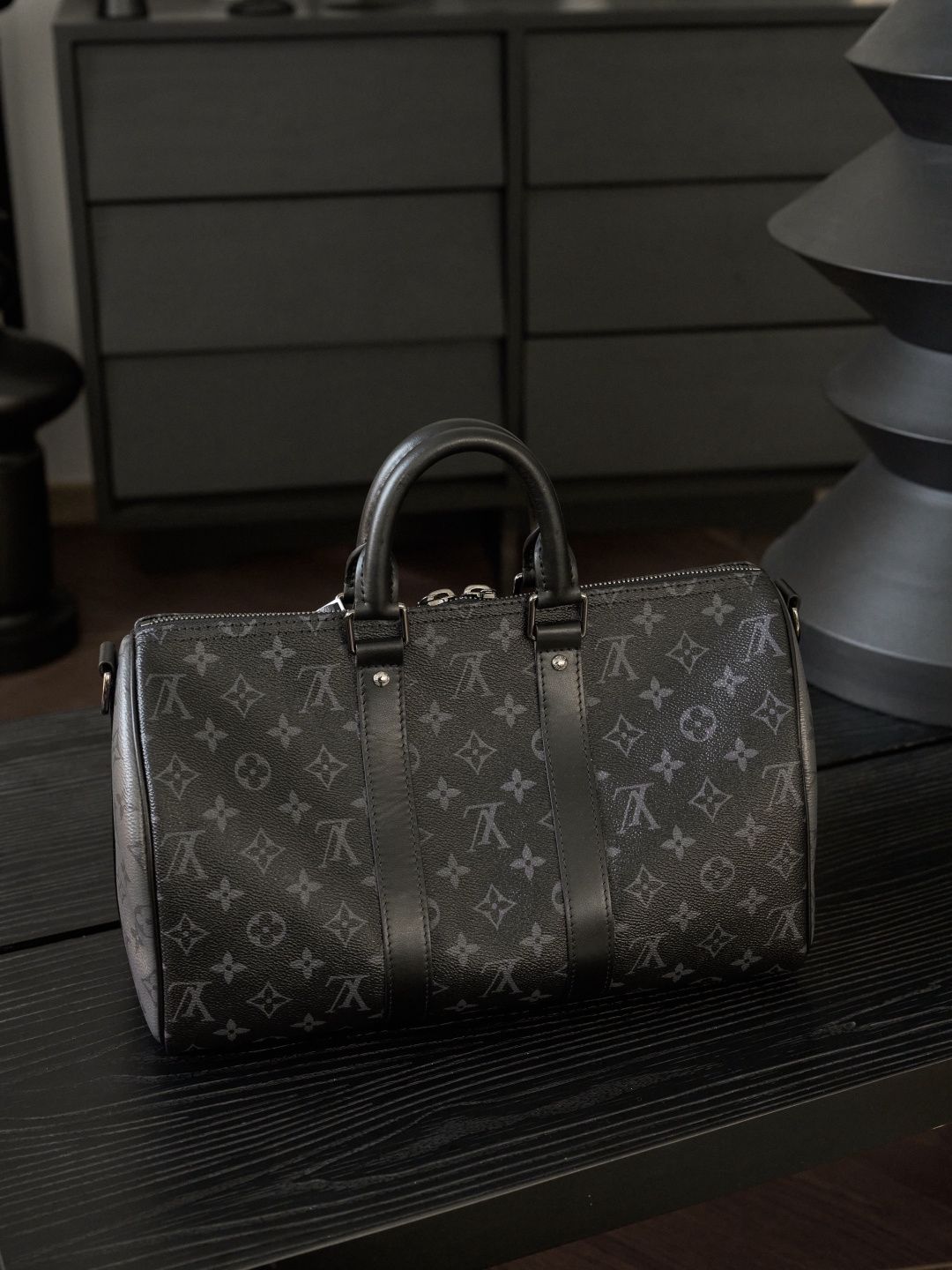 Black Monogram Holdall Bag with Twin Handles and Shoulder Strap