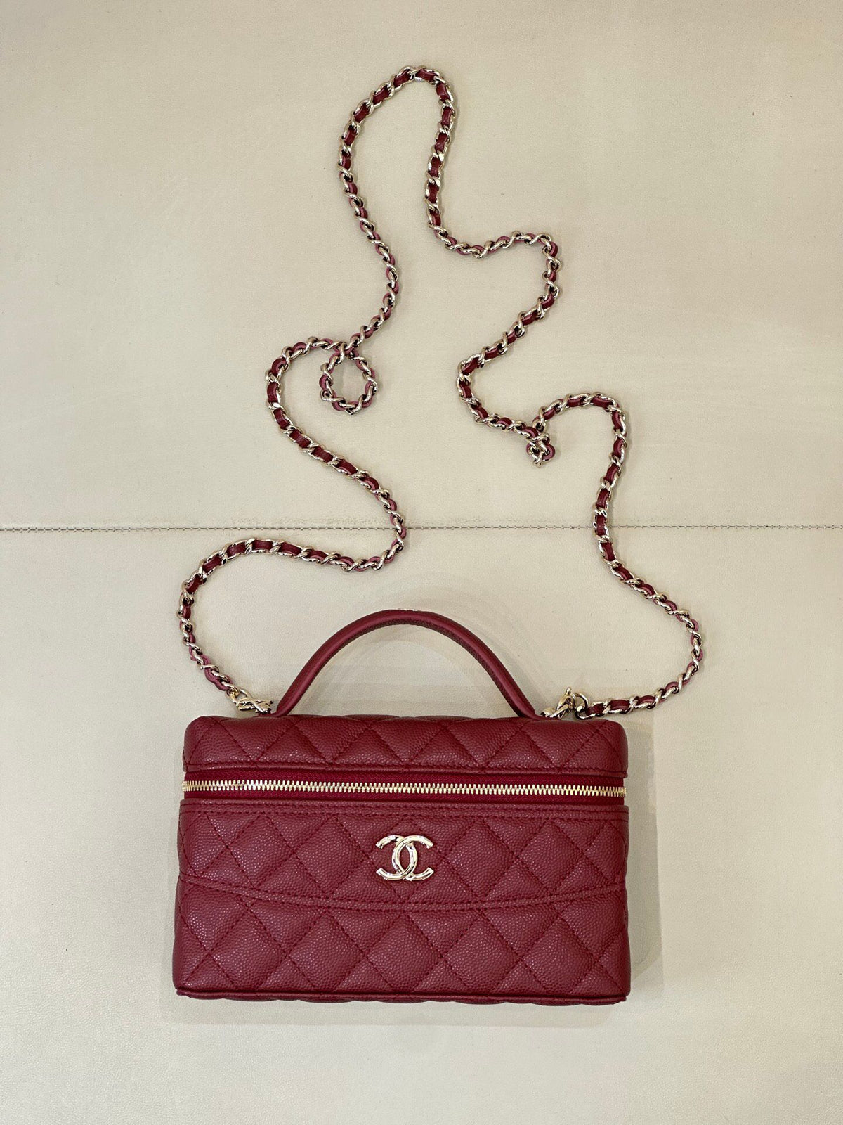 Burgundy Quilted Box Bag with Top Handle and Chain Strap