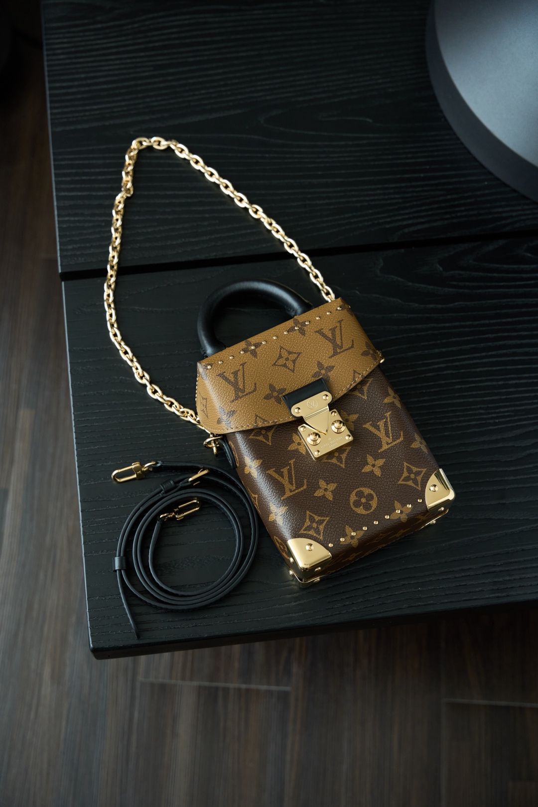 Brown Mini Top-Handle Bag with Gold-Tone Chain and Front Clasp