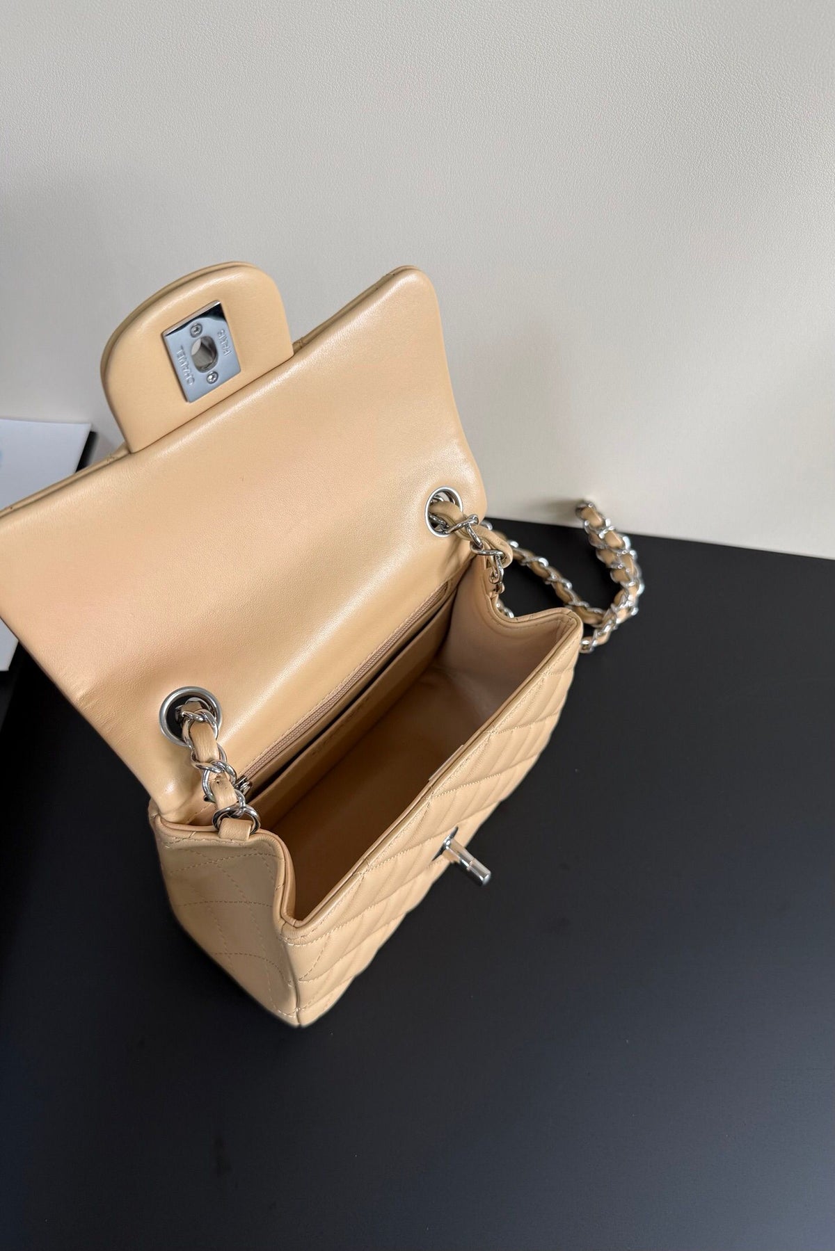 Soft Apricot Quilted Mini Flap Bag with Silver-Tone Chain Strap