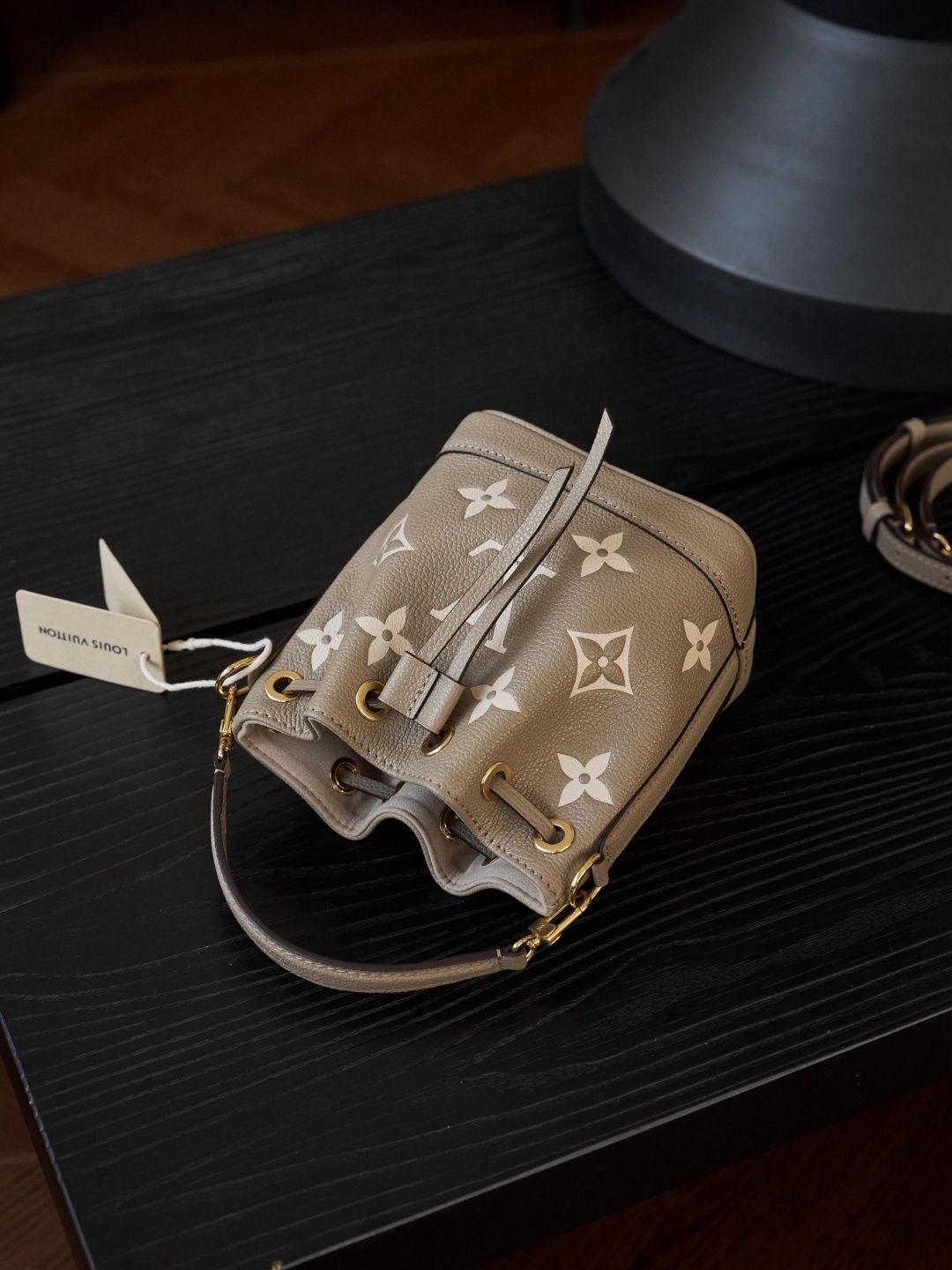 Taupe Monogram Drawstring Bucket Bag with Top Handle