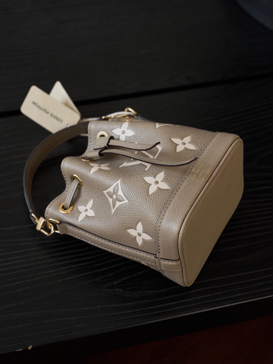 Taupe Monogram Drawstring Bucket Bag with Top Handle