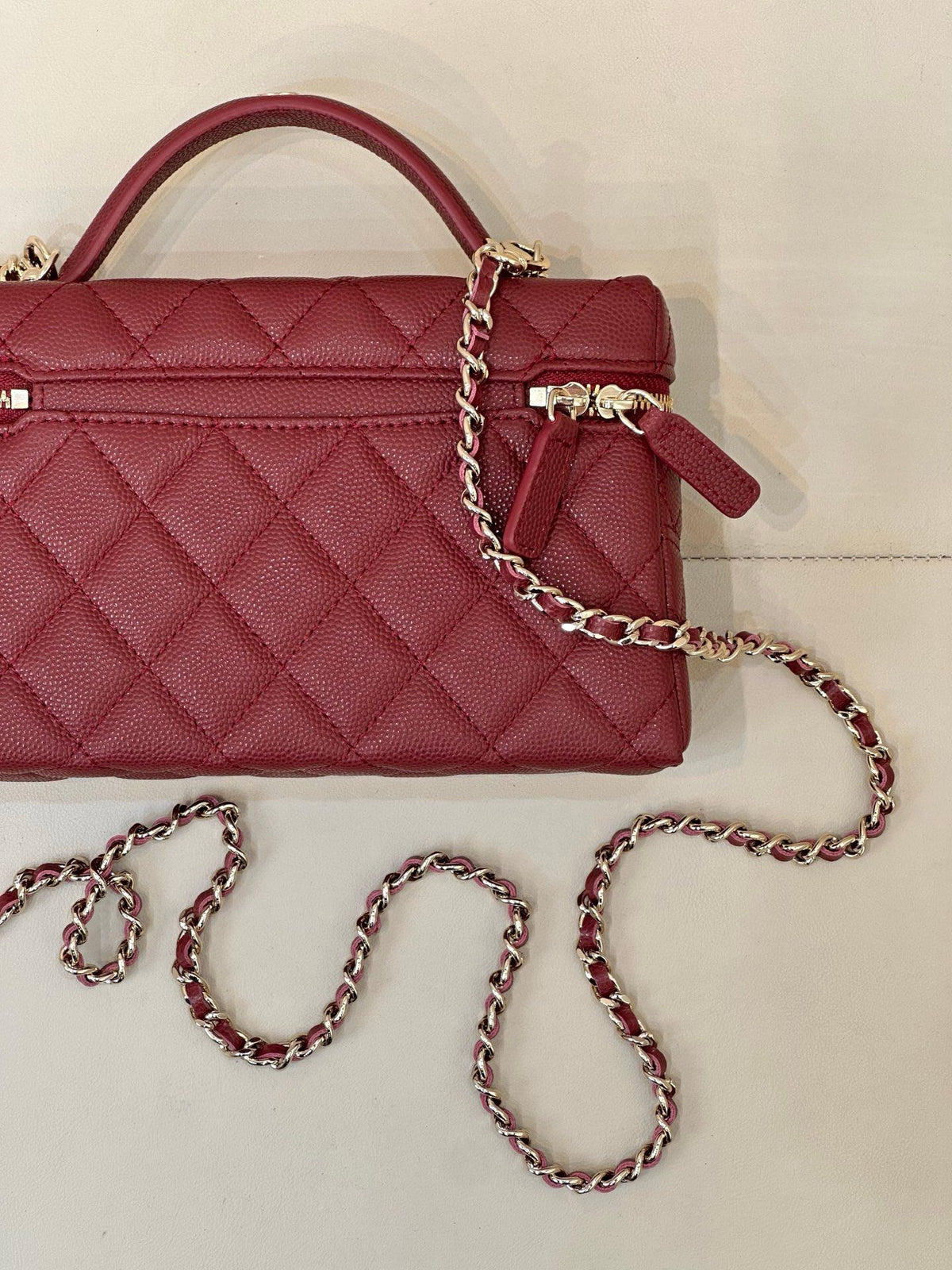 Burgundy Quilted Box Bag with Top Handle and Chain Strap