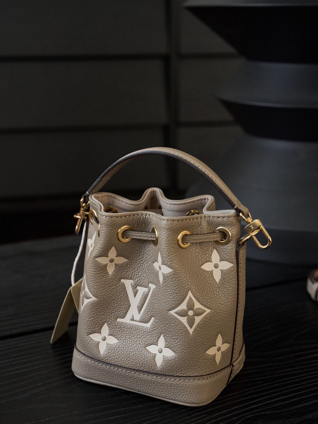 Taupe Monogram Drawstring Bucket Bag with Top Handle