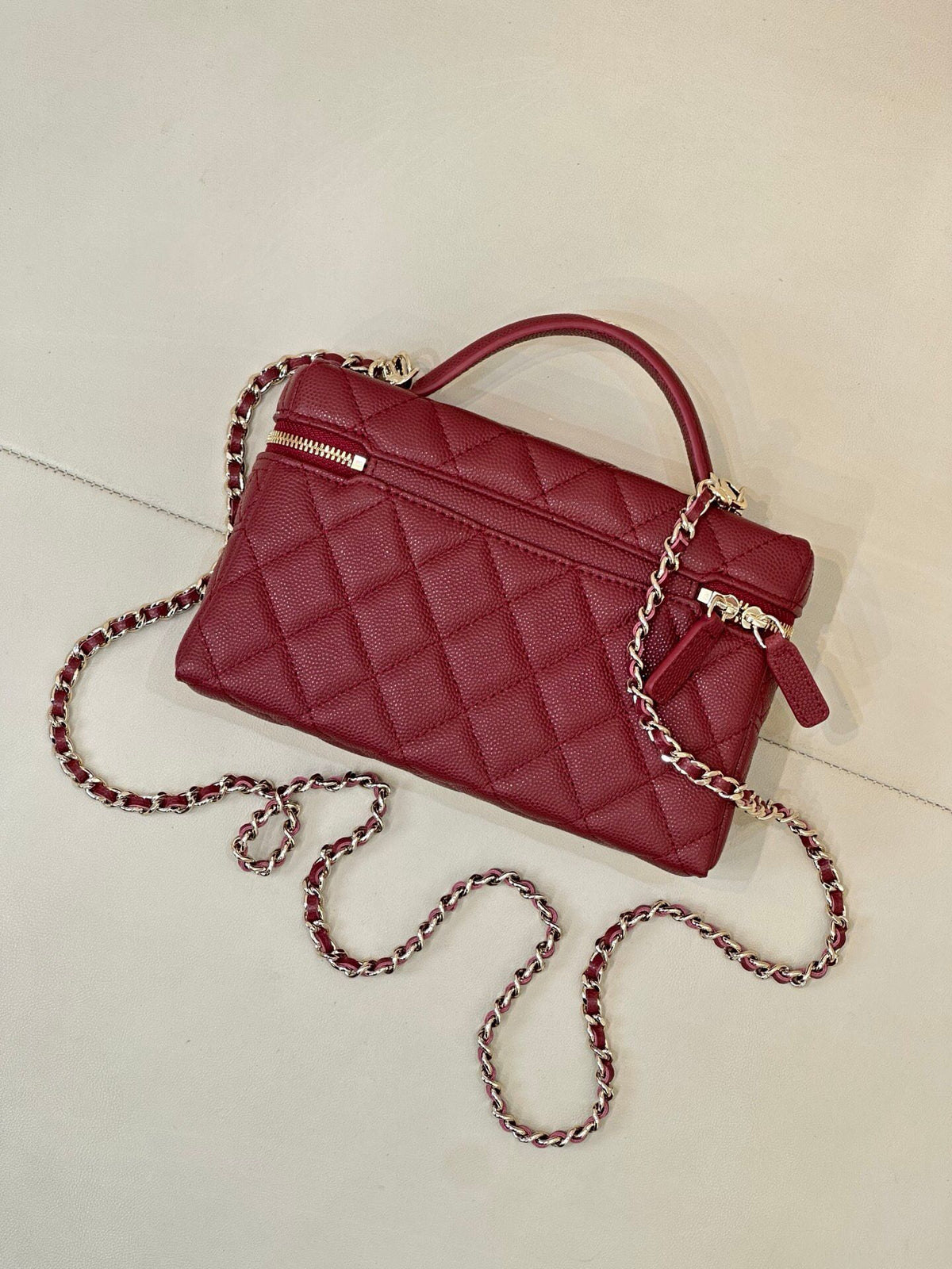 Burgundy Quilted Box Bag with Top Handle and Chain Strap