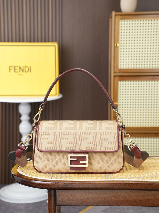 Fendi Baguette Canvas Bag with Raised FF Embroidery in Beige