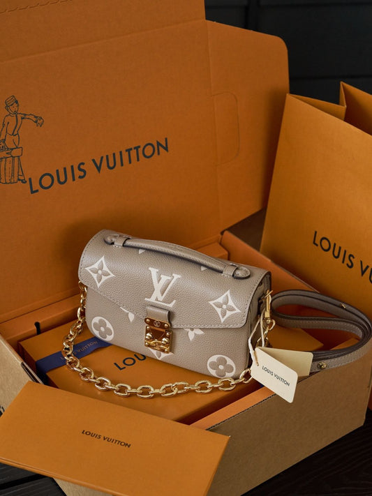Taupe Monogram Shoulder Bag with Gold-Tone Clasp and Chain