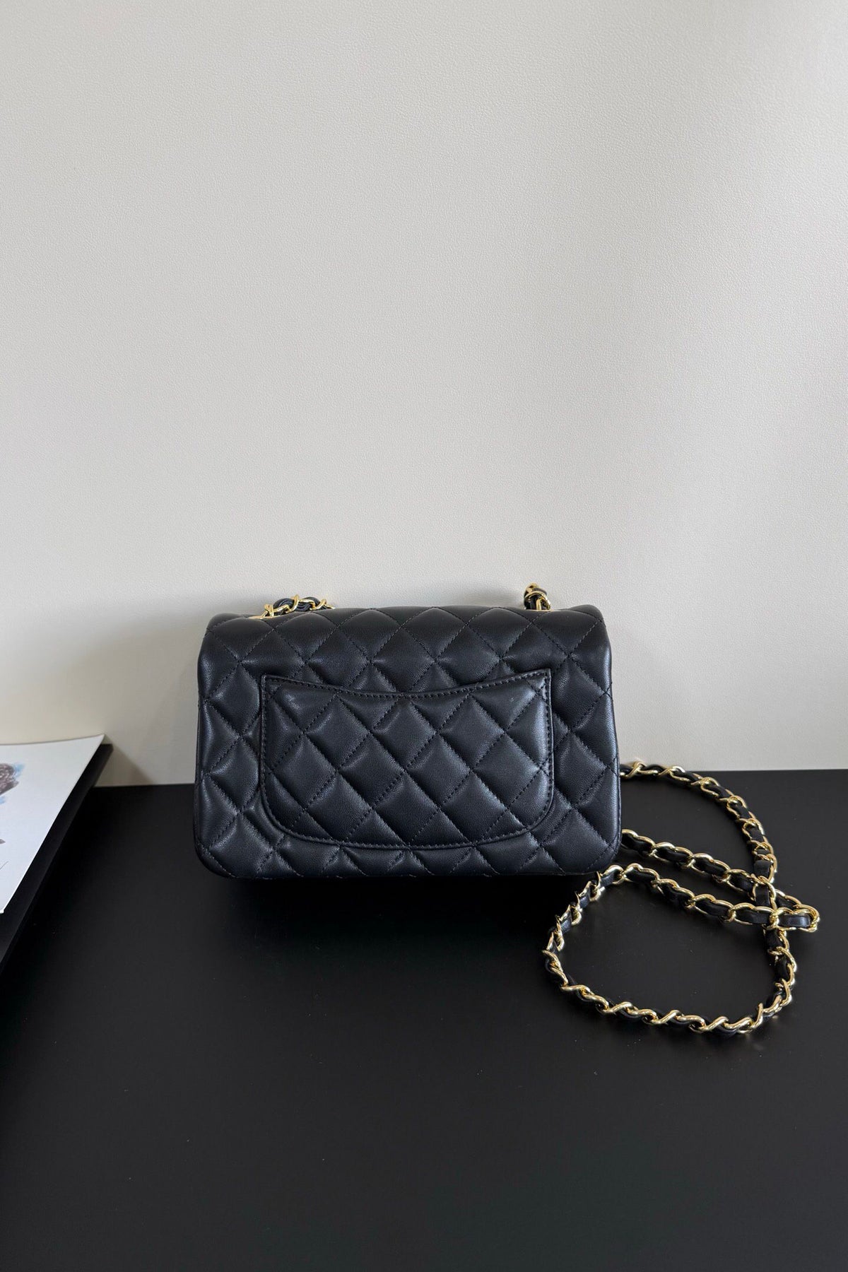 Black Diamond-Quilted Flap Bag with Gold-Tone Chain Strap
